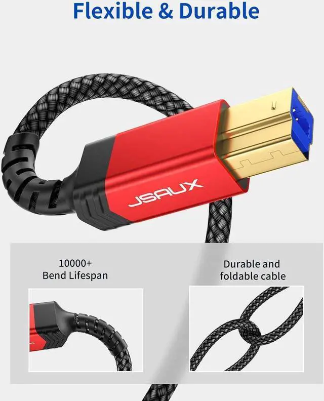 Alt view image 4 of 7 - JSAUX USB 3.0 Cable B Male to USB-C, 10ft USB 3 Type B Cord Nylon Briaded Compatible with Docking Station, External Hard Drivers, Scanner and More