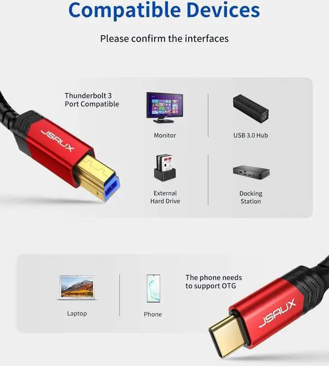 Alt view image 5 of 7 - JSAUX USB 3.0 Cable B Male to USB-C, 10ft USB 3 Type B Cord Nylon Briaded Compatible with Docking Station, External Hard Drivers, Scanner and More