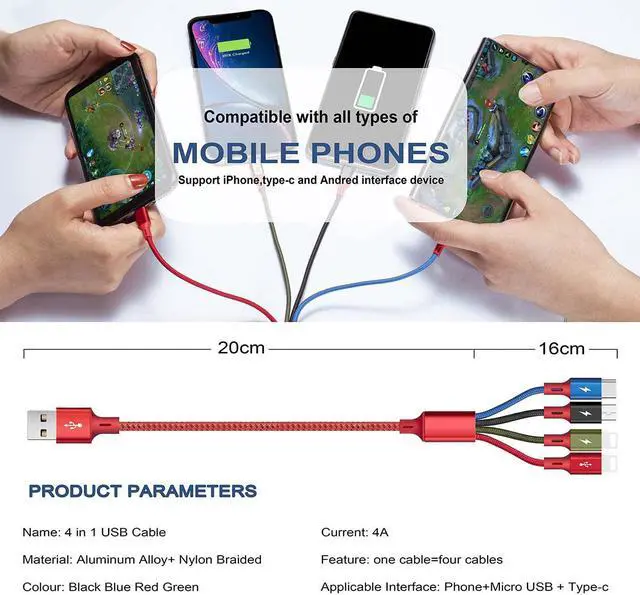 Alt view image 4 of 5 - Short Multi Charging Cable, 1Ft/2Pack Multi Charging Cord, 4 in 1 Multi Charger Cable,Multi Charger,Fast Charging with IP/Type C/Micro USB Ports for Cell Phones/Tablets/Samsung Galaxy/LG/More