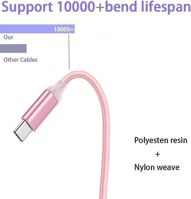 Alt view image 3 of 7 - USB C Cable Pink 10 ft 3-Pack, Long Quick Charger Cord, Android Type C Fast Charging Cable for OnePlus Nord N200/N100, LG Stylo 6 5 4, Samsung Galaxy S10 S9 S8 A31, Note 9 Plus, Tab S6/S5e, Sony PS5
