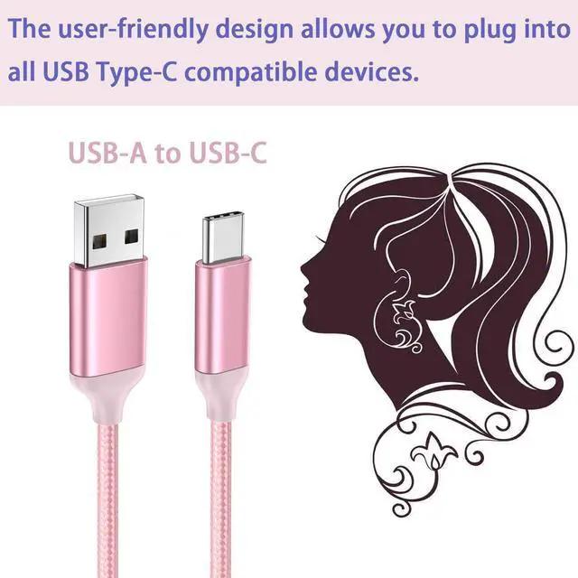 Alt view image 5 of 7 - USB C Cable Pink 10 ft 3-Pack, Long Quick Charger Cord, Android Type C Fast Charging Cable for OnePlus Nord N200/N100, LG Stylo 6 5 4, Samsung Galaxy S10 S9 S8 A31, Note 9 Plus, Tab S6/S5e, Sony PS5