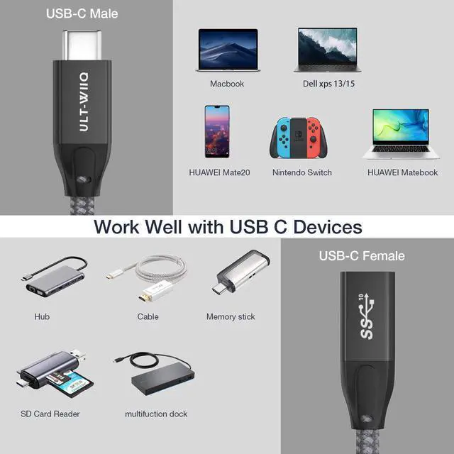 Alt view image 7 of 7 - USB C Extension Cable 3.3Ft, USB 3.2(10gbps) Type C Male to Female Extender Cord Fast Charging & Sync for Nintendo Switch, M1 MacBook Pro Air, Dell XPS, Magsafe Charger iPhone 12 and More