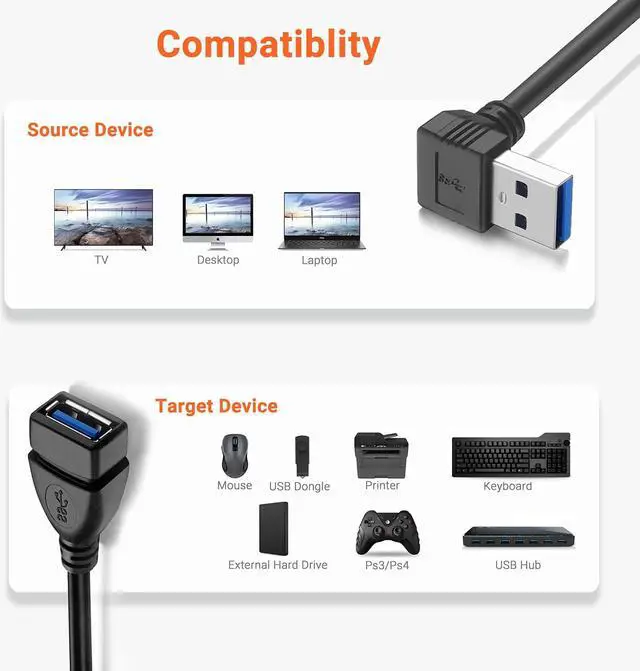 Alt view image 2 of 7 - Short USB 3.0 Extension Cable 2 Pack SuperSpeed USB 3.0 Angle Male to Female Extension Cable 6 Inch Convertor Adapter Extender Cord Up Angle and Down Angle one Each