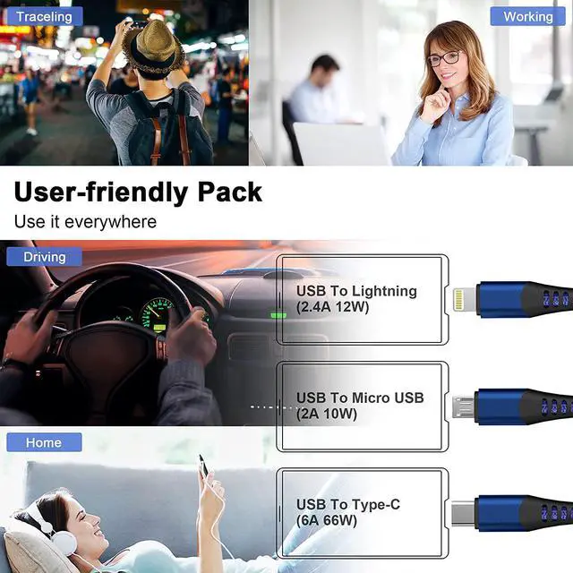 Alt view image 3 of 7 - Multi 3 in 1 USB Long Charger Cable 3M/10Ft 6A PD Fast Braided Charging Cord Universal Multiple Ports Long Charging Cable with USB C/Micro USB/Lightning Connector