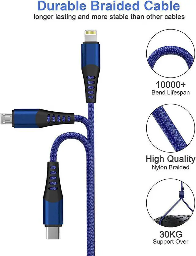 Alt view image 5 of 7 - Multi 3 in 1 USB Long Charger Cable 3M/10Ft 6A PD Fast Braided Charging Cord Universal Multiple Ports Long Charging Cable with USB C/Micro USB/Lightning Connector