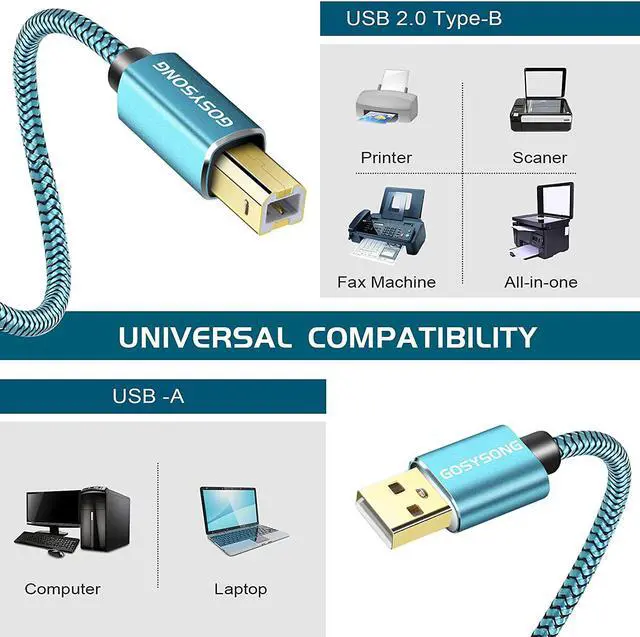 Alt view image 2 of 7 - Printer Cable 30FT USB Printer Cord 2.0 Type A Male to B Male Cable Scanner Cord High Speed Compatible with HP Canon Dell Epson Lexmark Xerox Samsung and More (Blue)