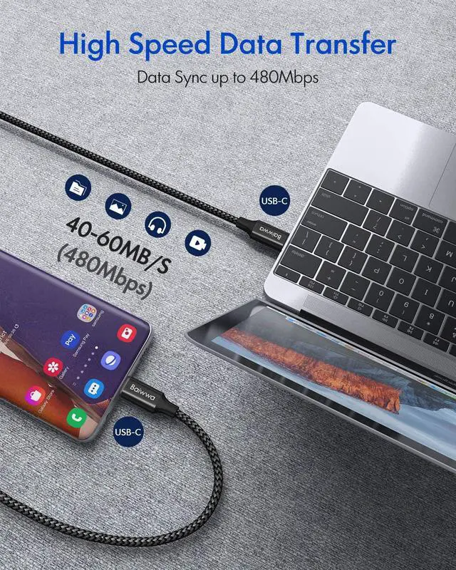 Alt view image 4 of 7 - [2Pack 10ft] Long USB C to USB C Cable 60W Fast Charge Type C Charger Cord for iPhone 16 15/16 15 Pro/16 15 Plus/16 15 Pro Max  Galaxy S25 S25 Ultra S25+ S24 iPad Air/Pro MacBook Air/Pro
