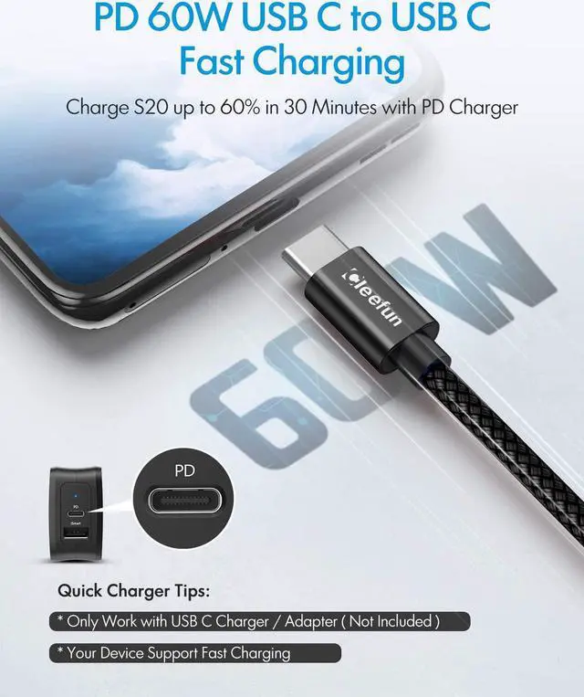 Alt view image 2 of 7 - Long USB C to USB C Cable [ 16ft/5m ], CLEEFUN USB Type C to Type C Fast Charging Cable PD 60W Charger Cord Compatible with Samsung Galaxy S21 S21+ S21 Ultra, Pixel, Switch and Other USB C Device