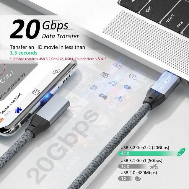 Alt view image 3 of 6 - USB C 3.2 Gen2x2 Cable 100W, 20Gbps Updated 90 Degree Right Angle USB C to C 3.2 Cable, 4K@60Hz Video Cord with E-Marker for Thunderbolt 3/4, Oculus Quest, iMac, MacBook, iPad Pro, Dell XPS (3.3 Ft)