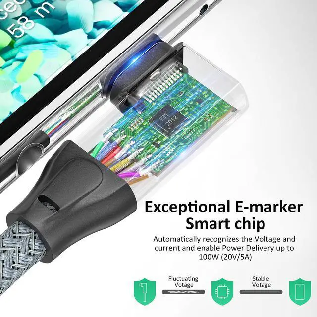 Alt view image 6 of 6 - USB C 3.2 Gen2x2 Cable 100W, 20Gbps Updated 90 Degree Right Angle USB C to C 3.2 Cable, 4K@60Hz Video Cord with E-Marker for Thunderbolt 3/4, Oculus Quest, iMac, MacBook, iPad Pro, Dell XPS (3.3 Ft)