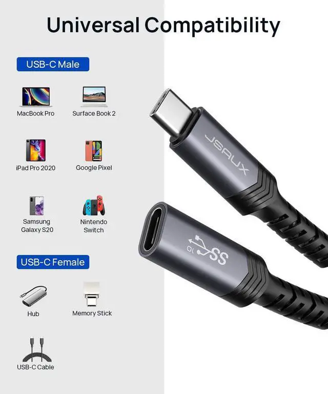 Alt view image 7 of 7 - USB C Extension Cable (6.6FT/2M) Type C 3.1 GEN 2 Male to Female Extender Cord for USB C Hub/Dock Pixel 3 2 XL Galaxy S20 S10 S9 S8 and More