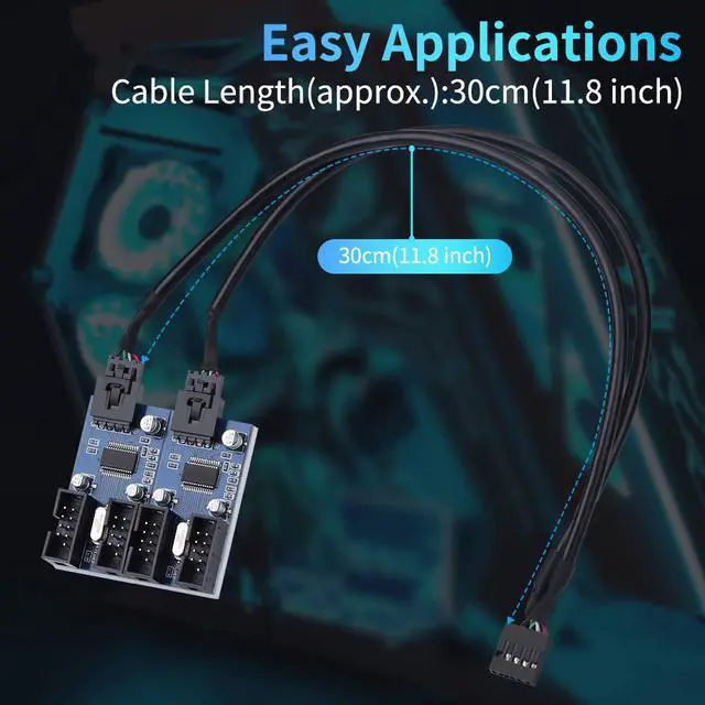Alt view image 4 of 7 - 4 in 1 Internal USB Splitter Cable, Electop 9 pin USB Header Male 1 to 4 Female Extension Connector Adapter, USB 2.0 HUB Connector Port Multiplier PWM Fan Splitter Cable (30cm/0.98ft)