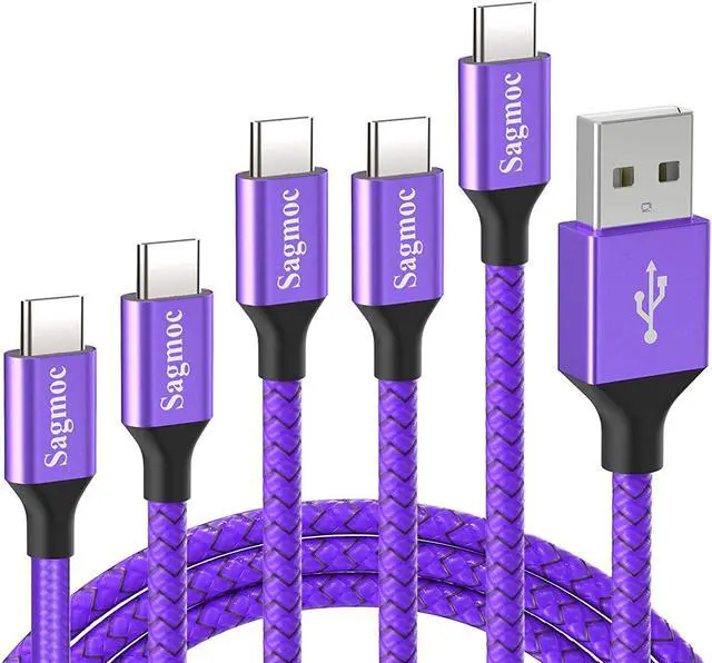 Main image of Type C Charger Cable Purple - USB C Rapid Charging Cord Shiny Nylon Braided5 Pack 2FT 3FT 2X6FT 10FT for  S10 S9 S8 Plus Note 8 LG G6 G5 V30 V20 Google Pixel/XL Moto Z/Z2 (Violet)