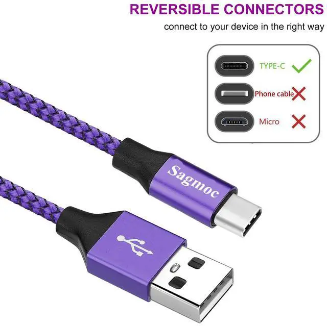 Alt view image 2 of 7 - Type C Charger Cable Purple - USB C Rapid Charging Cord Shiny Nylon Braided5 Pack 2FT 3FT 2X6FT 10FT for  S10 S9 S8 Plus Note 8 LG G6 G5 V30 V20 Google Pixel/XL Moto Z/Z2 (Violet)