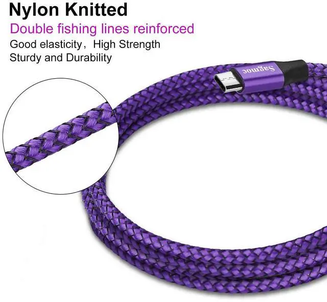 Alt view image 3 of 7 - Type C Charger Cable Purple - USB C Rapid Charging Cord Shiny Nylon Braided5 Pack 2FT 3FT 2X6FT 10FT for  S10 S9 S8 Plus Note 8 LG G6 G5 V30 V20 Google Pixel/XL Moto Z/Z2 (Violet)