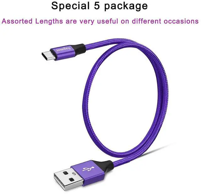 Alt view image 5 of 7 - Type C Charger Cable Purple - USB C Rapid Charging Cord Shiny Nylon Braided5 Pack 2FT 3FT 2X6FT 10FT for  S10 S9 S8 Plus Note 8 LG G6 G5 V30 V20 Google Pixel/XL Moto Z/Z2 (Violet)