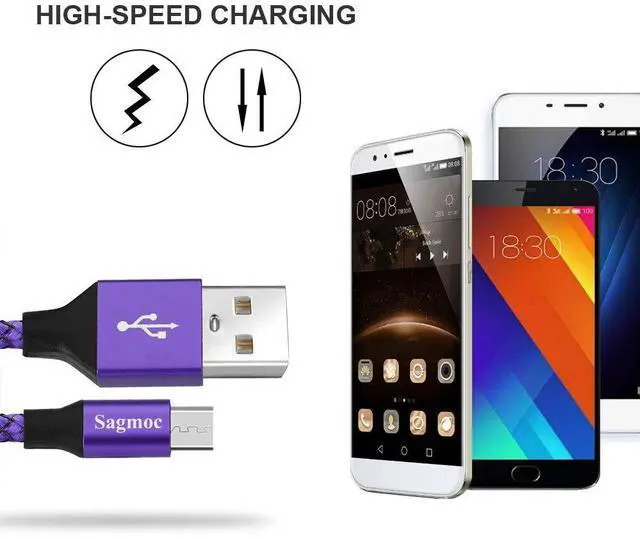 Alt view image 6 of 7 - Type C Charger Cable Purple - USB C Rapid Charging Cord Shiny Nylon Braided5 Pack 2FT 3FT 2X6FT 10FT for  S10 S9 S8 Plus Note 8 LG G6 G5 V30 V20 Google Pixel/XL Moto Z/Z2 (Violet)