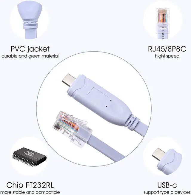 Alt view image 5 of 7 - Dathuil USB-C Console Cable, 6Ft USB C to RJ45 Console Cable, FTDI USB Type C to RJ45 Serial Cable Compatible with Cisco, Router, NETGEAR, TP-Link, Windows, macOS, Linux