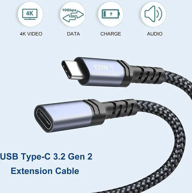Alt view image 2 of 7 - USB C Extension Cable, OKRAY 6.6FT/2M USB 3.2 Gen2 10Gbps Type C Male to C Female Extender Cable, Nylon Braided USB-C Extension Cord Compatible Mac Book Air/Pro, USB C Hub, Switch (Black Black)