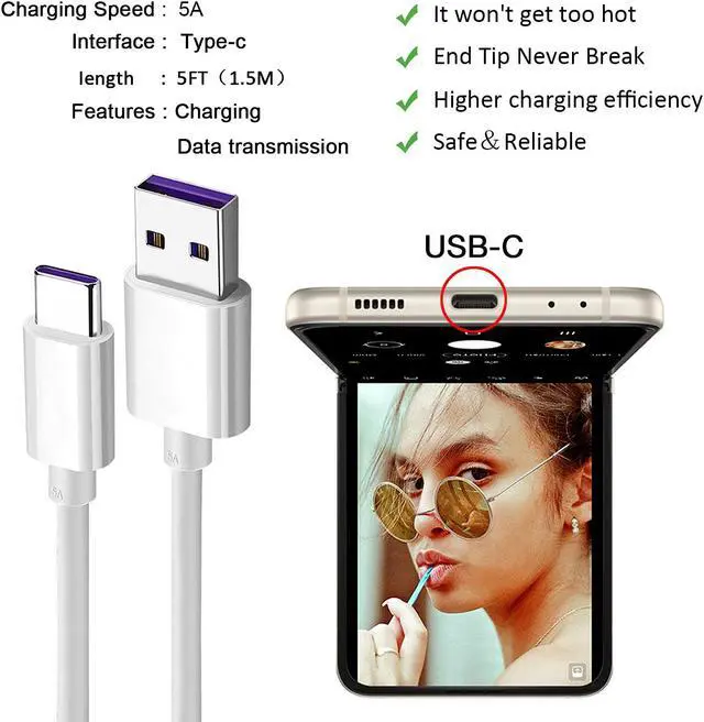 Alt view image 2 of 7 - USB C Charger Cable for Samsung Galaxy Z Flip 6, Flip 5, Flip 4, Flip 3, Flip 2, Samsung Galaxy Z Fold6, Fold 5, Fold 4, Fold 3, Fold 2 Samsung Phone Car Power Charging Cord Accessories (5FT White)