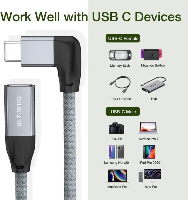 Alt view image 7 of 7 - Right Angle USB C Extension Cable 1.65FT, 90 Degree USB C 3.1(10Gbps) Male to Female 100W Fast Charging Extender Cord for iPhone 12 Wireless Charger, MacBook Pro/Air, Nintendo Switch