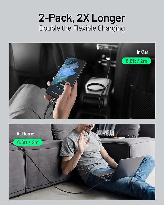 Alt view image 6 of 7 - I USB C to USB C Cable 60W, [2-Pack 6.6ft] PD QC 3.0 Fast Charging USB C Cable, USB-C Nylon Braided Type C Phone Charger for Samsung Galaxy S21 S20 S10 Note 10 iPad Pro MacBook Pro Google LG etc.