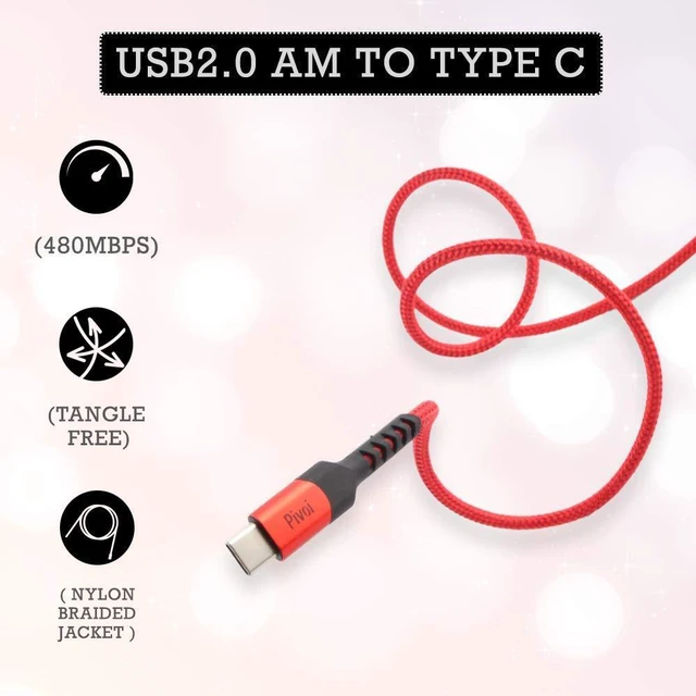 Alt view image 3 of 7 - Pivoi Type C Alluminium molding with Nylon Braided USB 2.0 Cable with 480Mbps Data Transfer Speed, Compatible with Galaxy S8/S8+/S9/S9+,HTC 10,Sony XZ,LG V20/G5/G6, 1 Pack, Red