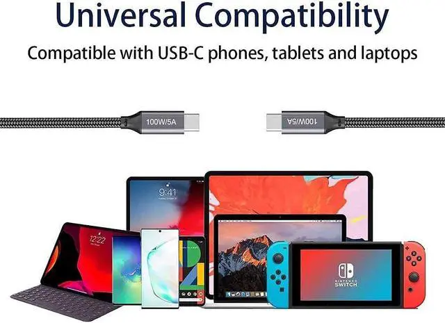 Alt view image 6 of 6 - 20FT USB-C to USB-C Cable,100W/5A,Extra Long Type-C Fast Charging Cord for MacBook Air/Pro,Samsung Galaxy S21 S20 Ultra Note 20 10,Moto G9 Plus,BLU G90 Pro,Sony PS5,Xbox,Surface,Switch,Camera,Laptop