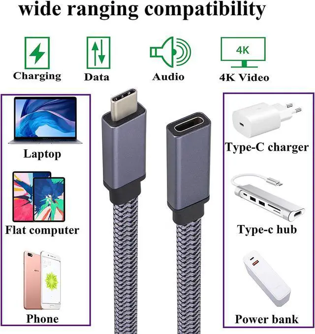 Alt view image 7 of 7 - AOTOKK Flat Type C USB 3.1 Adapter Cable 5 Gbps&2A 3.1 USB Type C Male to USB C 3.1 Female Cable Full Function Supports Charging,Data,Audio,4K HD Video Cable for Laptop&Tablet&Mobile Phone(1.5M-M/F)