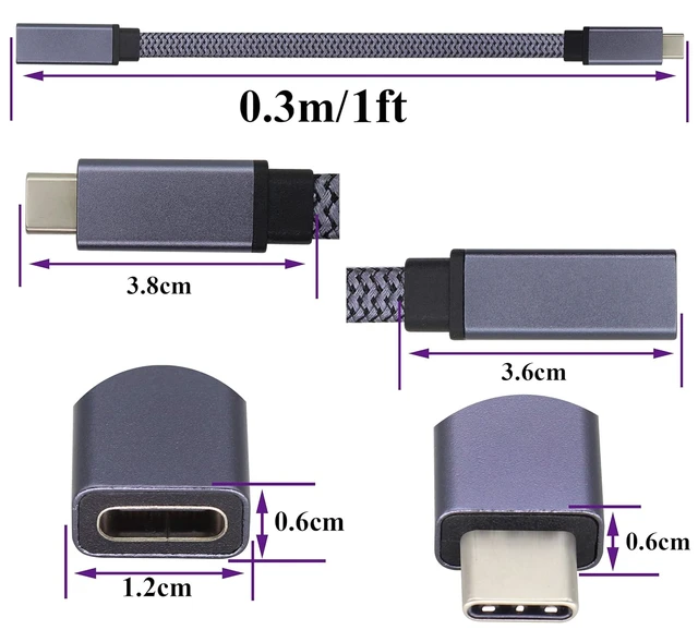 Alt view image 2 of 7 - Braided USB 3.1 Type c to Type C Connector Cable 60W&3A Short Type C 3.1 USB Male to Female Extension Cable Supports Charging,Data,Audio,Video Cable for Laptop&Tablet&Mobile Phone.(0.3M-M/F)