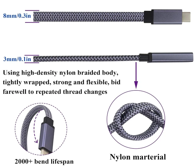 Alt view image 3 of 7 - Braided USB 3.1 Type c to Type C Connector Cable 60W&3A Short Type C 3.1 USB Male to Female Extension Cable Supports Charging,Data,Audio,Video Cable for Laptop&Tablet&Mobile Phone.(0.3M-M/F)