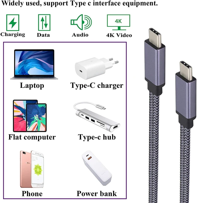 Alt view image 7 of 7 - Braided Flat 3.1 Extension Cable - 4K@60Hz Type C Male to Male Connector - Supports Charging, Data, Audio, Video - Compatible with Samsung S10, S9+, S8, MacBook (1M-M/M)