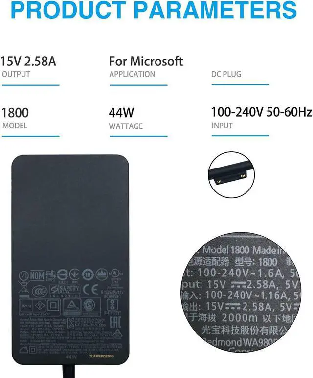 Alt view image 3 of 6 - QINGYUX 44W 15V 2.58A Power Supply Compatible with Microsoft Surface Pro 6 Pro 5 1796 1800 Laptop AC Adapter Charger Power Cord USB Charging Port
