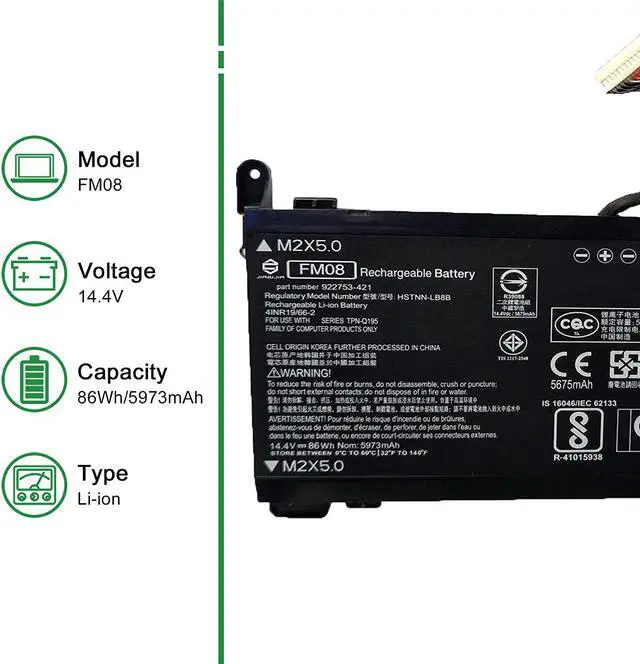 Alt view image 2 of 6 - FM08 922977-855 Laptop Battery Replacement for HP Omen 17-AN013TX 17-AN014TX 17-AN014NG Series Notebook 922753-421 HSTNN-LB8B 16-Pin Connector 14.4V 86Wh 5973mAh