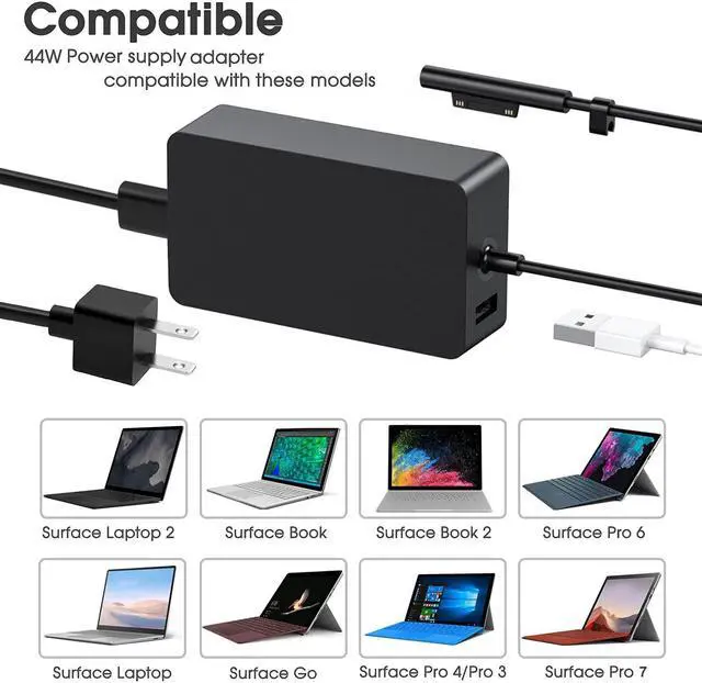 Alt view image 2 of 7 - Surface Charger, 44W 15V 2.58A Power Supply Adapter Charger for Microsoft Surface Pro 3/4/5/6/7, Surface Book, Surface Go 1/2, Surface Laptop, with 6FT DC Power Cord