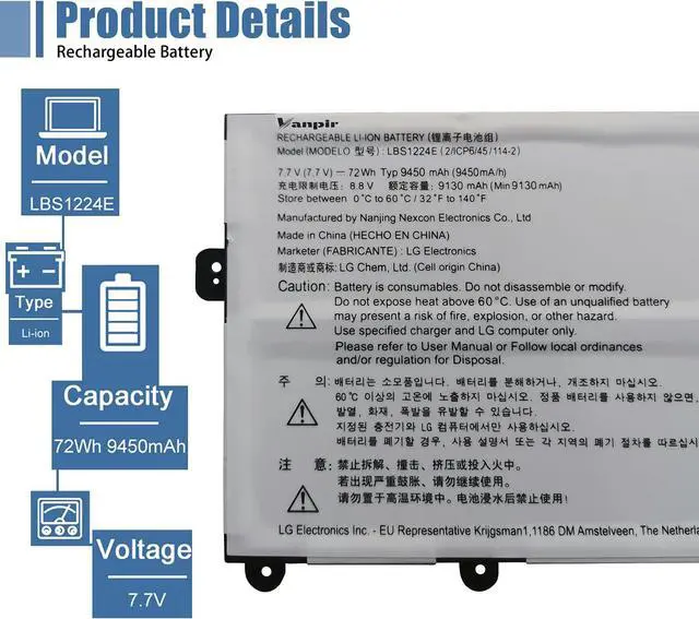 Alt view image 2 of 6 - LBS1224E Laptop Battery Compatible with LG Gram 2018 13Z980 14Z980 15Z980 15Z990 Series Notebook 7.7V 72Wh 9450mAh Support 30 Days Return or Exchange and 12 Months Warranty