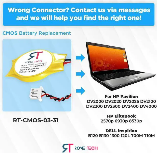 Alt view image 2 of 6 - Rome Tech CMOS Battery for HP Pavilion DV2000 DV2020 DV2025 DV2100 DV2200 DV2300 DV2400 DV4000 - Laptop Backup BIOS RTC 3V CR2032 Battery with 2 Wire Cable