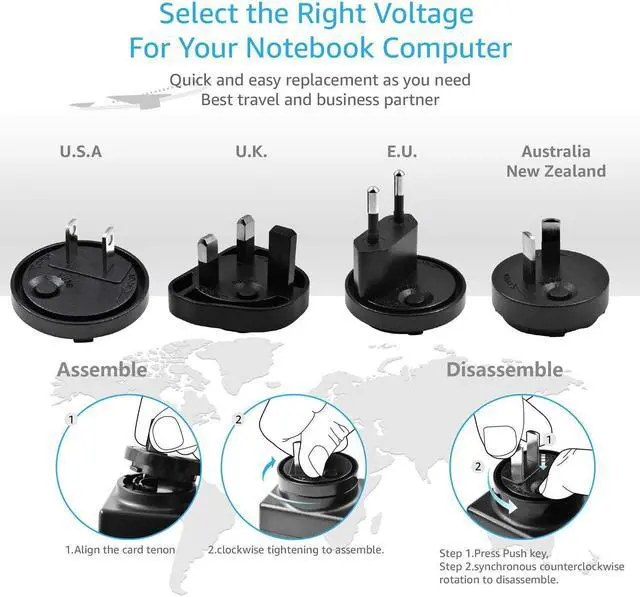 Alt view image 3 of 7 - Travel AC Adapter, 90W Laptop Charger, Power Converters, for Song Toshiba Acer Asus Lenovo HP Dell Samsung etc. Interchangeable AC Plugs for USA/EU/UK/AU Included Best for Universal Traveler.