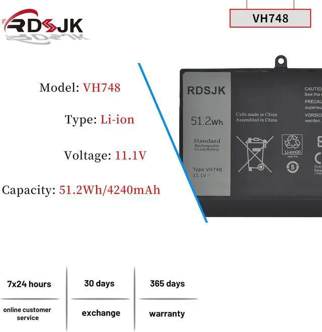 Alt view image 2 of 7 - VH748 Laptop Battery for Dell Inspiron 14 5439 Vostro 5460 5470 5560 Series Ins14zD-3526 V5460D-1308 V5460D-2628 V5460R-2526 5470D-1528 5560D-2328 5560D-2528 5560R-1326 11.1V 51.2Wh