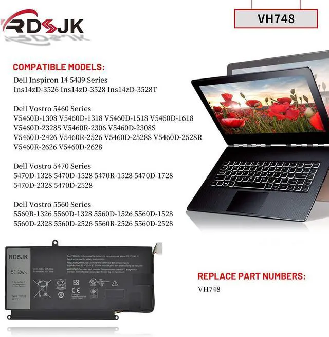 Alt view image 3 of 7 - VH748 Laptop Battery for Dell Inspiron 14 5439 Vostro 5460 5470 5560 Series Ins14zD-3526 V5460D-1308 V5460D-2628 V5460R-2526 5470D-1528 5560D-2328 5560D-2528 5560R-1326 11.1V 51.2Wh