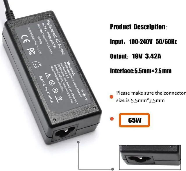 Alt view image 4 of 7 - Gomarty 19V 3.42A 5.5x2.5mm AC Adapter Charger Compatible with PA-1650-66 ADP-65DW ADP-65HB BB ADP-65JH BB AD887320 EXA0703YH X550 X550C X550CA X751LAV X751MA