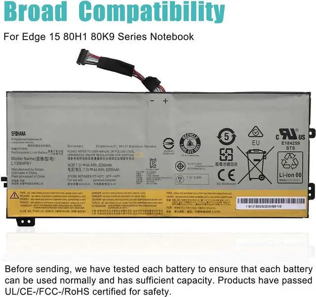 Alt view image 4 of 4 - efohana L13M4P61 Laptop Battery Replacement for Edge 15 80H1 80K9 Series Notebook 121500252 L13L4P61 121500253 7.3V 44.4Wh 6200mAh 4-Cells