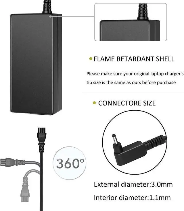 Alt view image 2 of 7 - 19V 3.42A 65W AC Adapter Charger for Acer Chromebook 11 13 14 15 CB3 CB5 CB3-111-C4HT CB3-111-C670 CB5-571 CB5-311 C720 C740