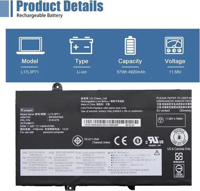 Alt view image 2 of 7 - L17L3P71 01AV478 Laptop Battery, 11.58V 57Wh 4920mAh 3-Cell Compatible with Lenovo ThinkPad T480s Series Notebook 01AV479 L17M3P71 L17S3P71 SB10K97621