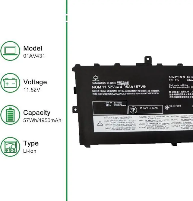 Alt view image 2 of 6 - JIAZIJIA 01AV431 SB10K97588 Laptop Battery Replacement for Lenovo ThinkPad X1 Carbon 5th Gen 2017 6th Gen 2018 Series 01AV430 SB10K97587 01AV494 SB10K97586 01AV429 SB10K97586 11.52V 57Wh 4950mAh