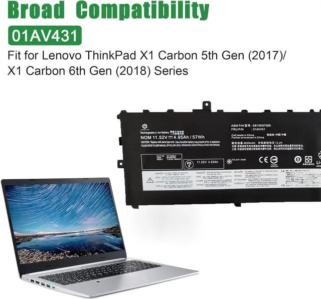 Alt view image 5 of 6 - JIAZIJIA 01AV431 SB10K97588 Laptop Battery Replacement for Lenovo ThinkPad X1 Carbon 5th Gen 2017 6th Gen 2018 Series 01AV430 SB10K97587 01AV494 SB10K97586 01AV429 SB10K97586 11.52V 57Wh 4950mAh