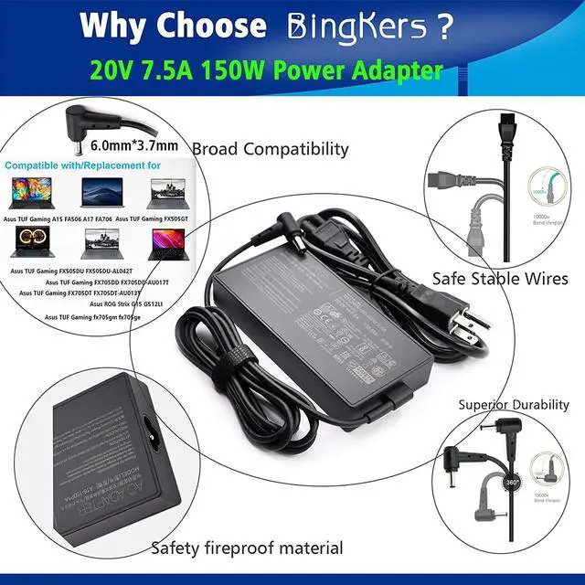 Alt view image 5 of 7 - 150W 20V 7.5A Power Adapter ADP-150CH B for Asus A18-150P1A TUF Gaming FA506 A17 FA706 FX505GT FX705GT Laptop Charger Asus TUF Gaming fx705gm ROG Strix Scar III G531GD Power Supply
