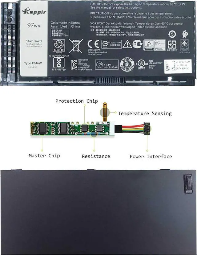Alt view image 4 of 7 - Kappir FJJ4W Laptop Battery (11.1V 97Wh), Replacement for Dell Precision M4600 M4700 M4800 M6600 M6700 M6800 Series Notebook FV993 R7PND V7M28 H1MNH N71FM