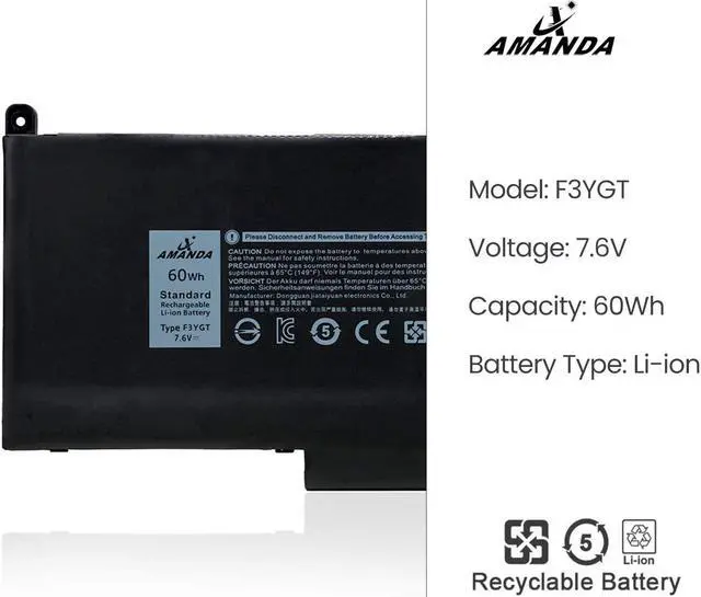 Alt view image 2 of 6 - Amanda F3YGT Battery Replacement for Dell Latitude 12 7000 7280 7290/13 7000 7380 7390/14 7000 7480 7490 Series DM3WC 0DM3WC 2X39G 7.6V 60Wh 4-Cell