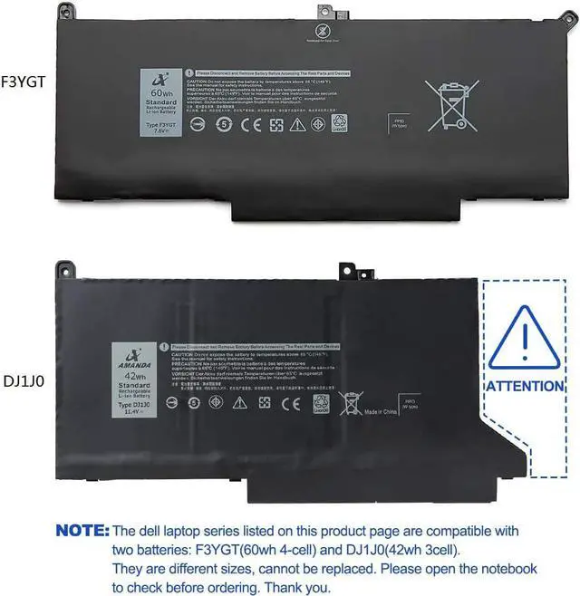 Alt view image 5 of 6 - Amanda F3YGT Battery Replacement for Dell Latitude 12 7000 7280 7290/13 7000 7380 7390/14 7000 7480 7490 Series DM3WC 0DM3WC 2X39G 7.6V 60Wh 4-Cell